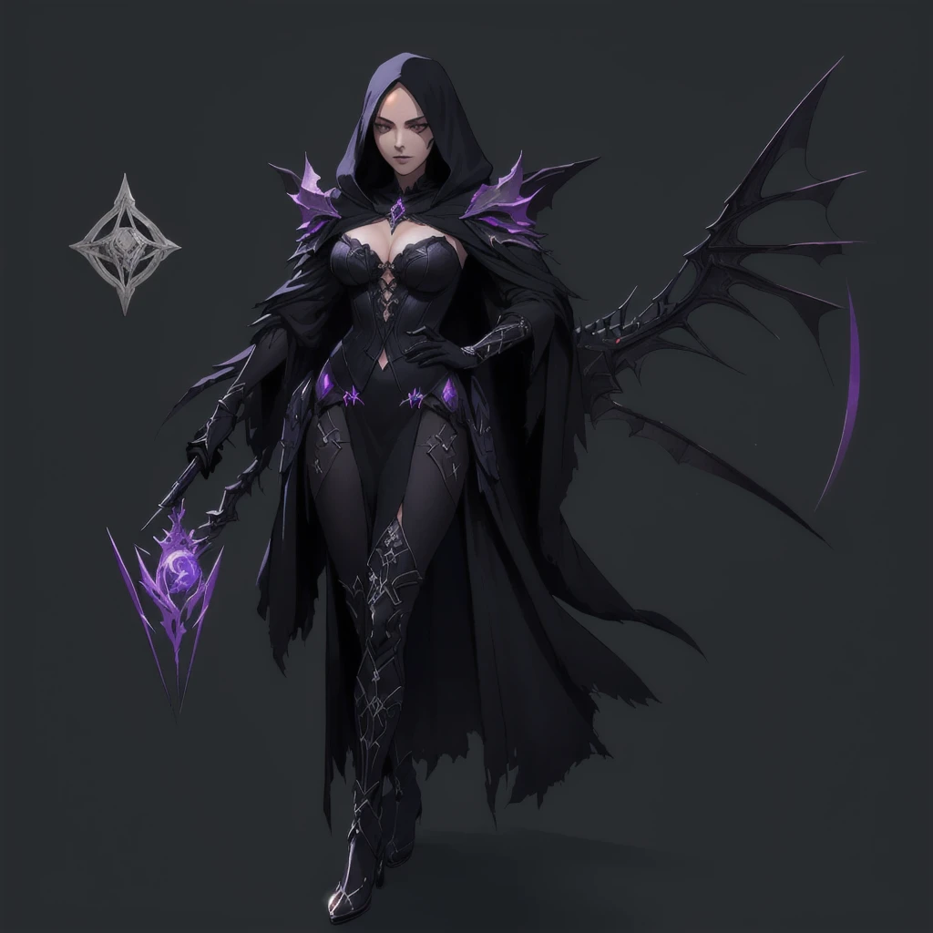 a woman in a black outfit holding a large scyther, dark fantasy character design, dark witch character, dark sorceress full view, dark cloaked necromancer, female necromancer, human :: sorceress, necromancer sorceress, dark concept art, full body concept, dark sorceress fullbody pose