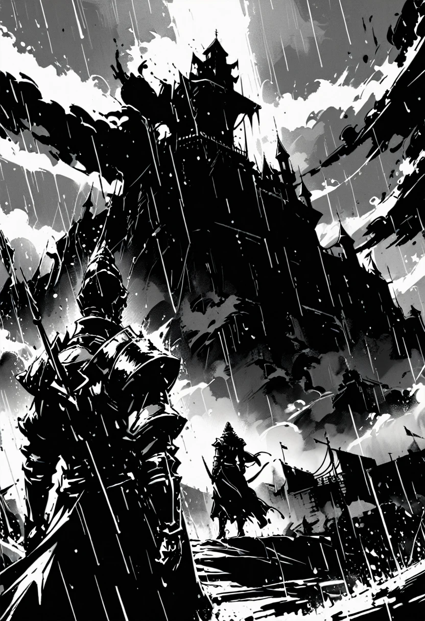 solitary, arms, Everlasting, Keep, 1 knight, Black Armor,From the back, , castle, landscape, rain, outdoor, 1Other