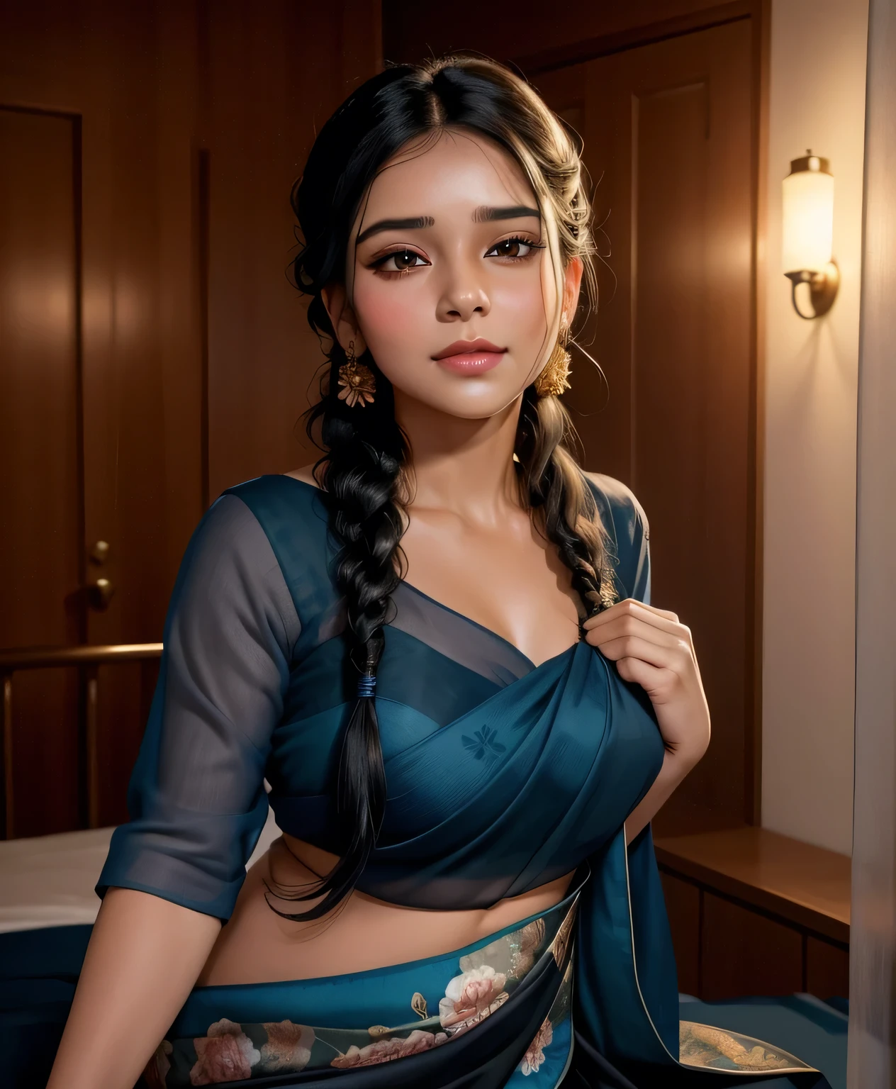 Amazing portrait of a sexy woman with her black hair tied in a braid and a beautiful fair toned face with amazing eyes and her perfect lips parted with blush on her cheeks with a flustered yet lustful expression on her face wearing a black blouse paired with a sheer floral blue saree in a bedroom at night time
