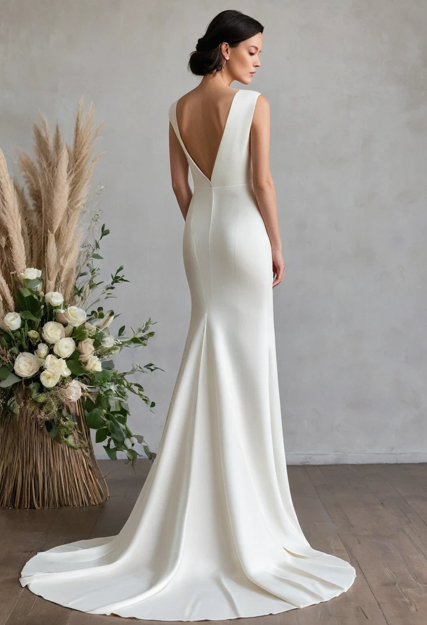 simple and chic wedding dress with clean lines and no excessive decorations. Made from high-quality fabrics like silk and crepe. Unusual cuts and unique details like an open back or asymmetrical sleeves