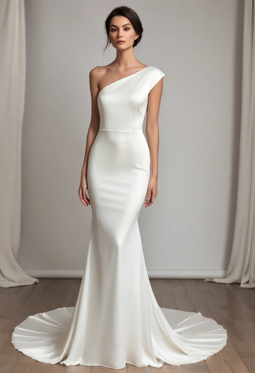 simple and chic wedding dress with clean lines and no excessive decorations. Made from high-quality fabrics like silk and crepe. Unusual cuts and unique details like an open back or asymmetrical sleeves
