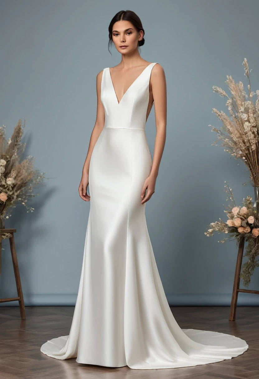simple and chic wedding dress with clean lines and no excessive decorations. Made from high-quality fabrics like silk and crepe. Unusual cuts and unique details like an open back or asymmetrical sleeves