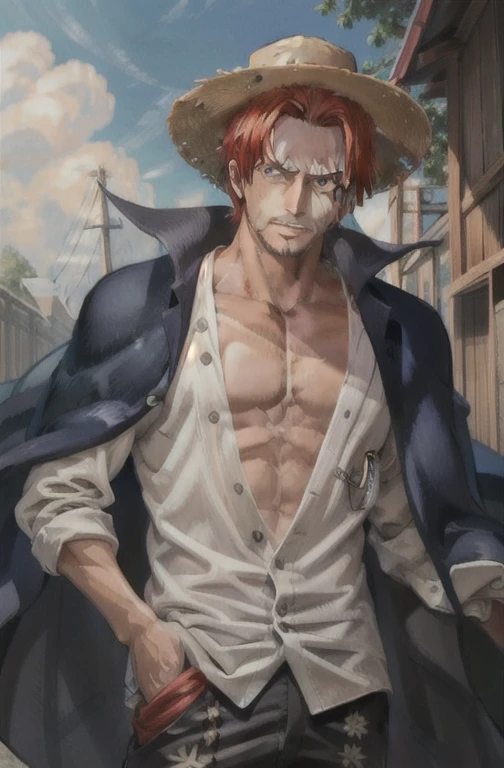 (masterpiece, Highest quality),  Intricate details,
 1人のmaleの子, male, Redhead, Straw hat, Shunkus, Shanks \(one piece\),  scar on face, short hair, shirt,  white shirt, male性フォーカス, Open clothes, collared shirt, pants, Cape, coat, open shirt, Facial hair, scar, Sandals,  Pectoral muscle, Partially unbuttoned, Cleavage, coat on shoulders, nature, scenery, Upper Body, Straw hat,