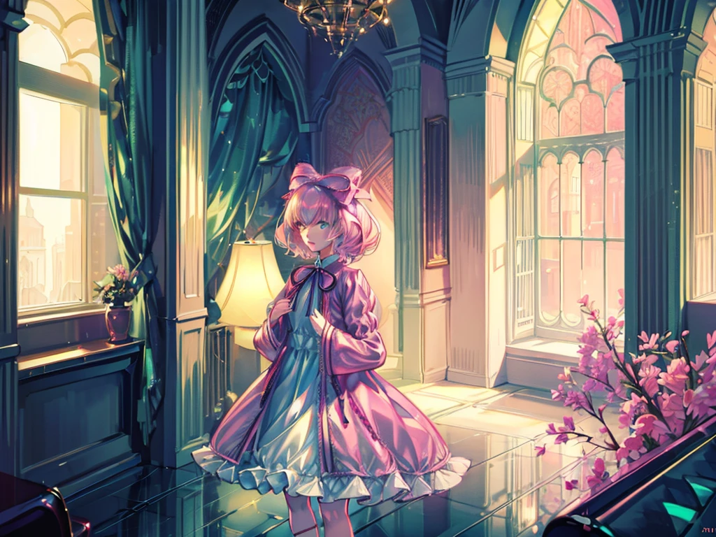 hair bow, pink ribbon, drill hair, green eyes, short hair, pink dress, white bloomers, white pantyhose, hinaichigo, (masterpiece, Absurd quality, Highest quality, Official Art, beautifully、aesthetic:1.2), 16K, Cute  girl, Very detailed, Digital Art, colorful, Most detailed, Bright colors, (Conversion Sequence), Baby Face, Cinema Lighting, Dynamic Angle, landscape, scenery, (difficult:1.5), (One girl:1.5), (indoor:1.5), Bedroom, lamp, (Hotel Rooms:1.3), (Very detailed lips:1.3), eyelash, Very detailed顔, (Perfect Legs, Perfect hands, Perfect Anatomy：1.1), Depth of written boundary, Speckled sunlight, Beautiful lighting, Little,