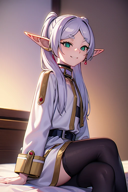 Cross-legged on the bed, with transparent white shirt, mischievous grin , elf ears , black tights