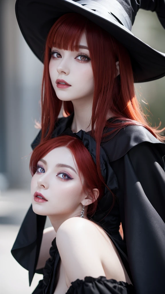a witch-like woman with red hair, purple eyes and white skin wearing a black dress