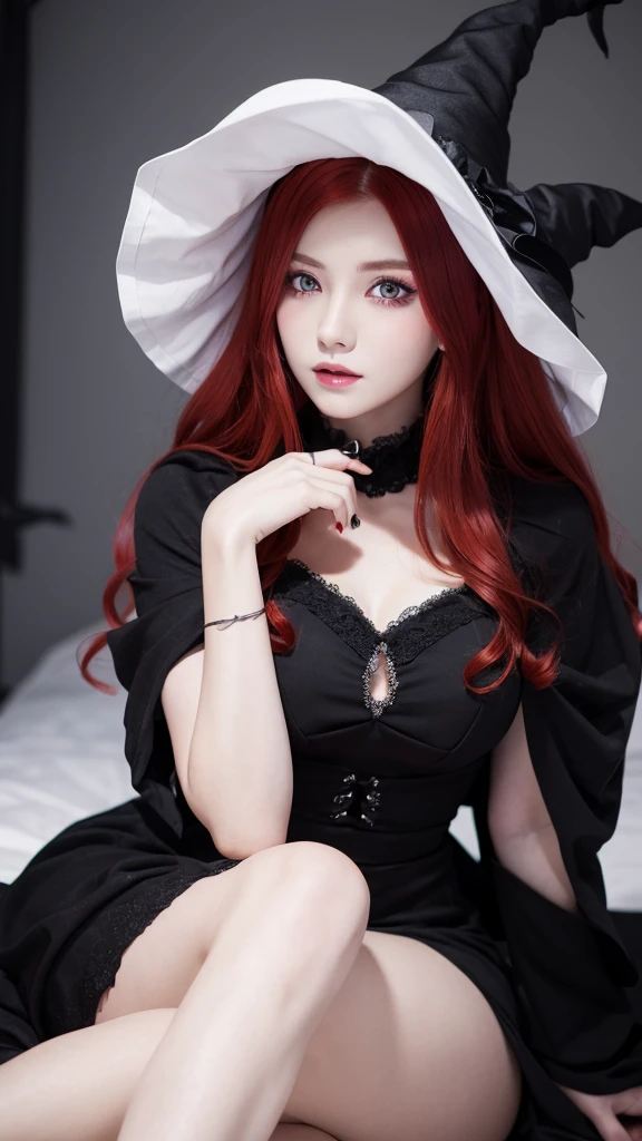 a witch-like woman with red hair, purple eyes and white skin wearing a black dress