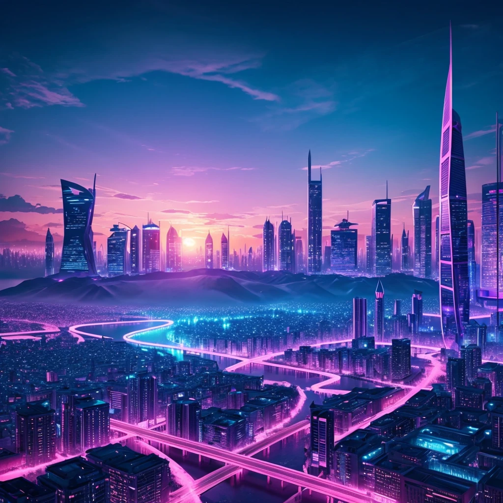 makes an image of a fantasy and futuristic city in the middle of the sunset with blue and pink lighting but that looks like a city taken from paradise itself: use only blue tones, pink and purple, put up the flag of the transsexual community