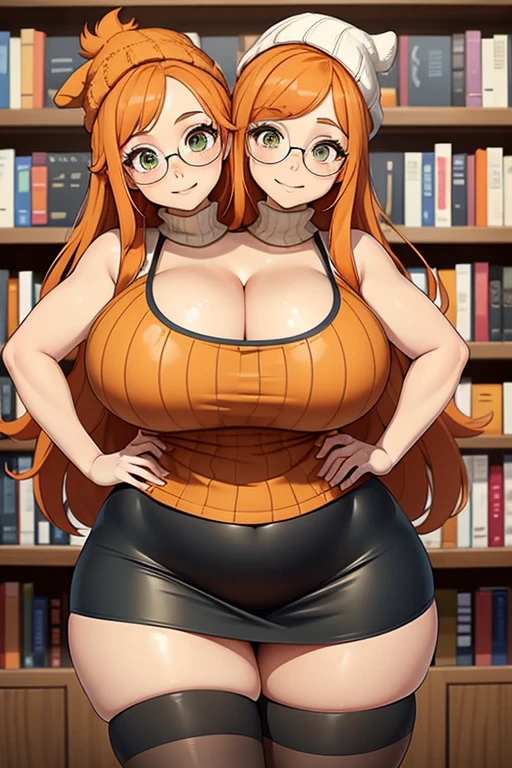 2 heads, a tall chubbywoman with two heads. In a bookstore. Wearing tank top. Cleavage. Wearing black skirt. Thigh socks. Long orange hair, wearing beanie. Slutty, nerdy, large circular glasses. Huge thighs. Sexy. Slim. Ginger, freckles.