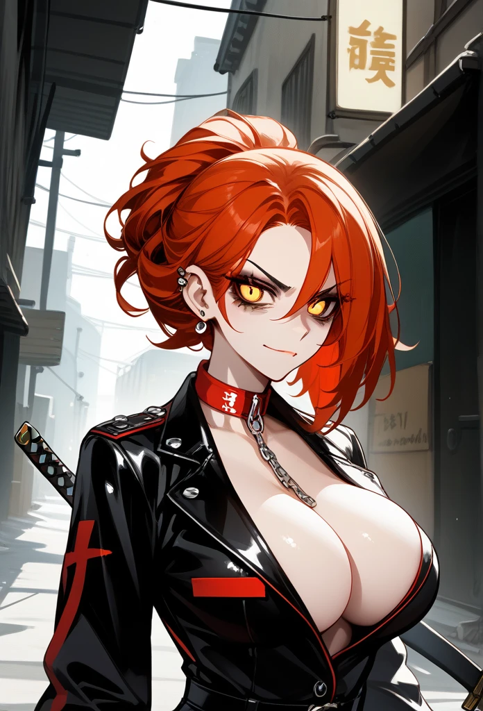 masterpiece, best quality, mature woman, mature face, trimmed hairstyle, red hair, mature face, hot face, sharp eyes, big breasts, voluptuous body, golden eyes, gangster outfit, looking at viewer, tough appearance, alley, (looking serious), lunatic face, lunatic smile, (glaring eyes, piercing eyes), lunatic expression, (holding katana)