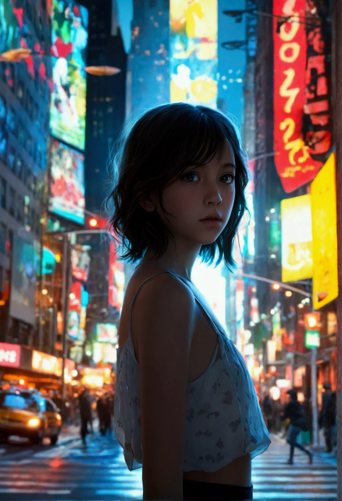 1girl, (looking at viewer:1.2), detail face, (a girl standing, rending on cgsociety, black shadows, streaming, new york backdrop), romanticism, atmospheric, (RAW photo, best quality), (realistic, photo-realistic:1.3), masterpiece, an extremely delicate and beautiful, extremely detailed,