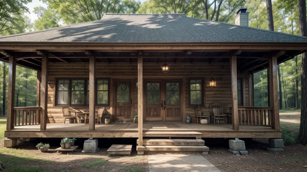 farmhouse, cottage, house in the woods, a close-up of a small house with porch and covered porch, with front porch, balconies, mid-century modern, exterior photo, impeccable and clean design, wooden house, wood details, clean and immaculate design, shaded, luxurious wooden house, front view, subtle details, facing forward, Wooden house, detailed ambience, rustic ambiance, vintage vibe, crisp details