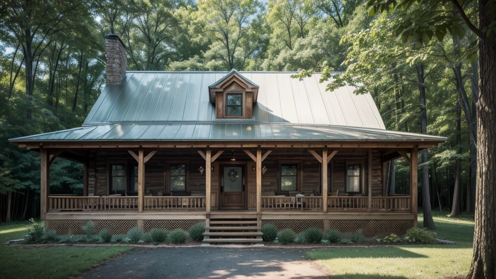 farmhouse, cottage, house in the woods, a close-up of a small house with porch and covered porch, with front porch, balconies, mid-century modern, exterior photo, impeccable and clean design, wooden house, wood details, clean and immaculate design, shaded, luxurious wooden house, front view, subtle details, facing forward, Wooden house, detailed ambience, rustic ambiance, vintage vibe, crisp details