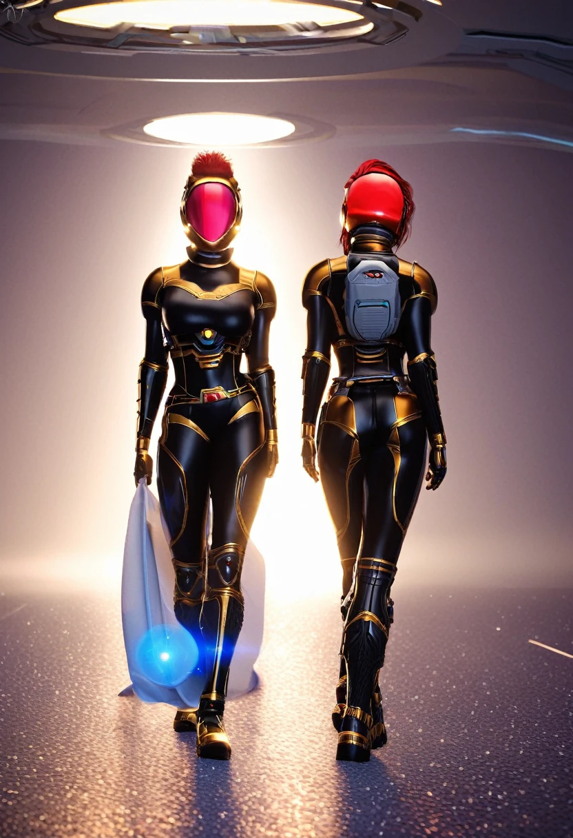 Adult female beautiful alien queen, triadic long colored hair, wearing metallic red bio punk crown and spacesuit, robotic body parts, walking out of space ship, furious and pride, featured against a detailed ink wash outer space ship, high aerial viewpoint, gruesome, chiaroscuro lighting for 3D appeal, physically-based rendering, golden ratio composition blending bold and gestural lines. Rich monochromatic shades, ultra-detailed face expression, structured via Gestalt principles, 8K resolution, prominently accentuated by neon lights exposure.