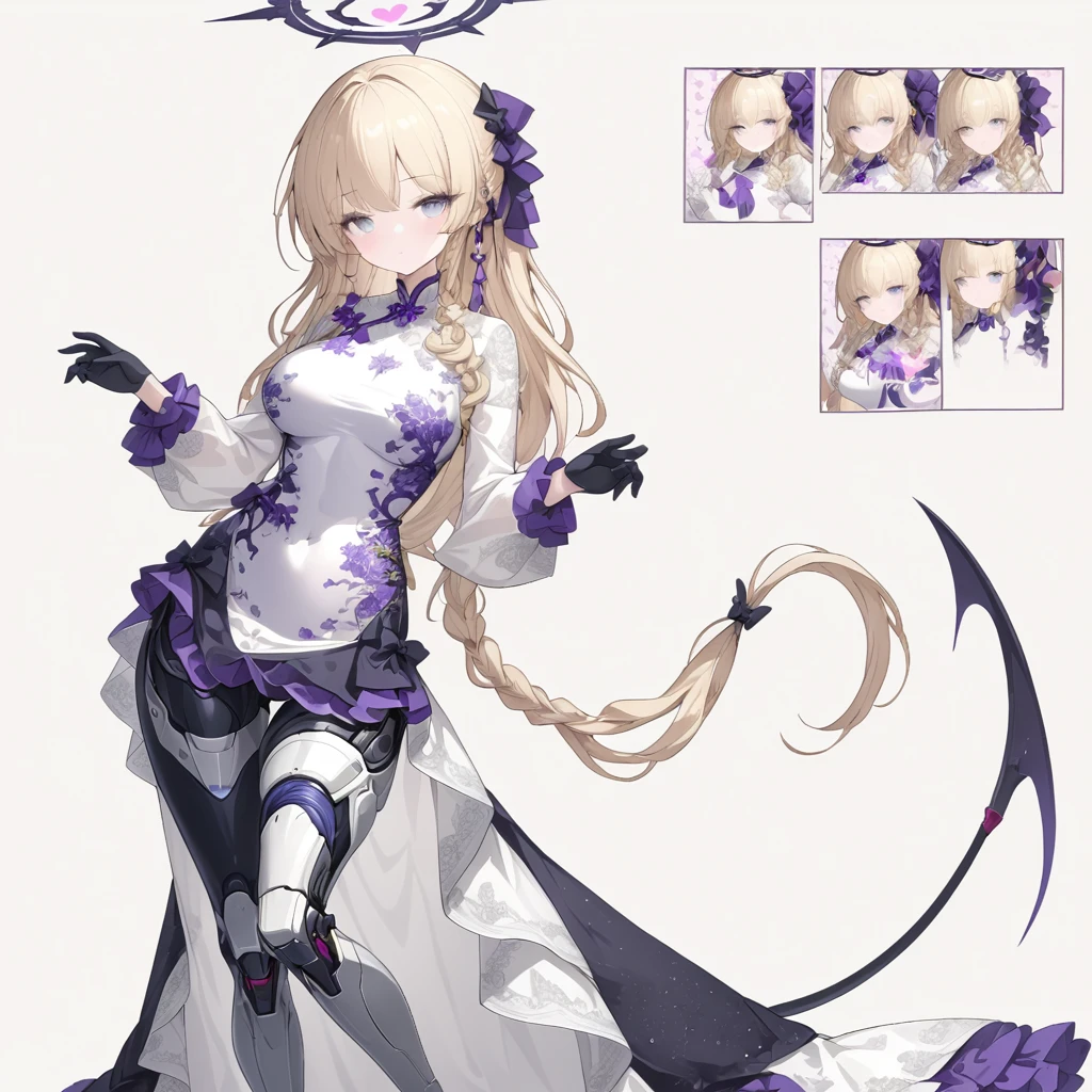 Woman 170cm tall, big chest, wide hip. (character design sheet: front view). (blonde hair, hip length curly wavy hair, It is placed in a side bang, She has a short braid tied with an elegant purple bow on the left side of her hair.. She has a short braid tied with an elegant purple bow on the right side of her hair. She has small ribbons in the back of her hair.). Gray eyes with a purple 4-pointed star in the pupil. Two black and purple serval ears located on the top of the head. Luminous black halo with purple star patterns above his head. black necklace with a heart emblem on the neck. (Elegant one-piece long dress with lace and ruffle skirt, ribbon decorations and star patterns on the dress). black gloves, beautiful black platform heels. gray belt at the waist with a large ribbon with a luminous pink heart in the middle. He has a complex demon tail with a small purple star on the tip.. (It has complex mechanical legs that reach up to the thighs and are black with small purple details.). beautiful detailed hair, beautiful detailed dress. extremely detailed arms. extremely detailed face, small face, Beautiful detailed eyes, beautiful detailed lips. adorable. extremely detailed legs. (Best Quality, 4k, 8k, high resolution), ultra detailed, Exquisite and epic character art.