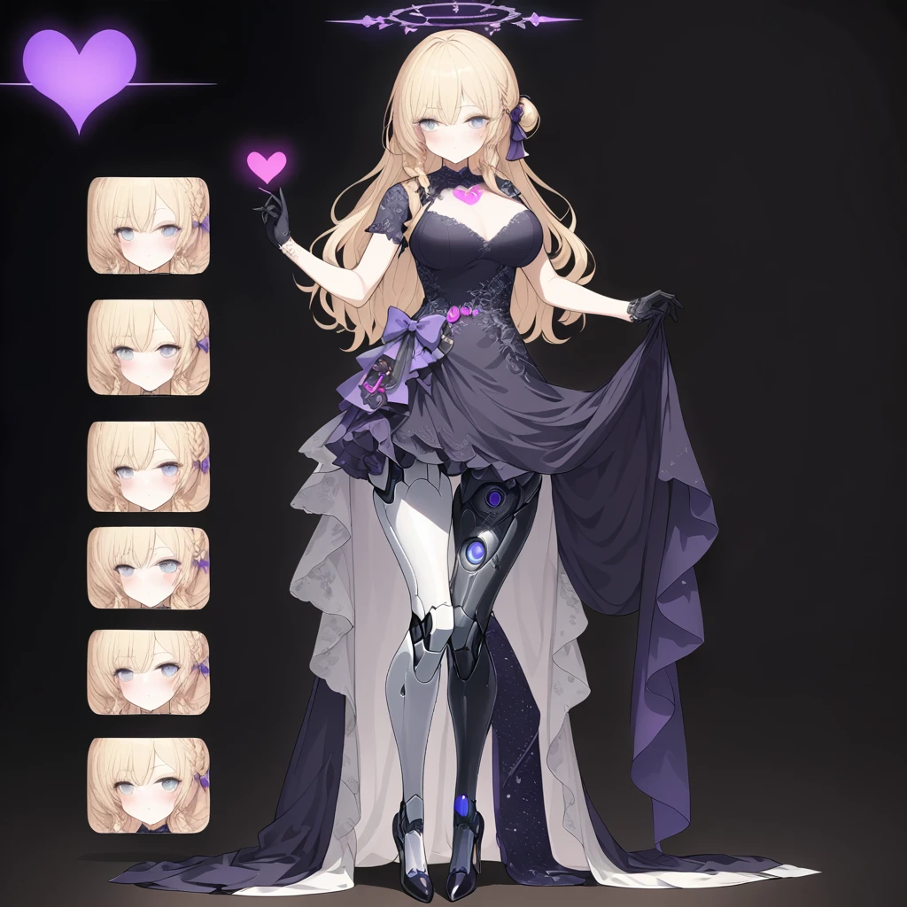Woman 170cm tall, big chest, wide hip. (character design sheet: front view). (blonde hair, hip length curly wavy hair, It is placed in a side bang, She has a short braid tied with an elegant purple bow on the left side of her hair.. She has a short braid tied with an elegant purple bow on the right side of her hair. She has small ribbons in the back of her hair.). Gray eyes with a purple 4-pointed star in the pupil. Two black and purple serval ears located on the top of the head. Luminous black halo with purple star patterns above his head. black necklace with a heart emblem on the neck. (Elegant one-piece long dress with lace and ruffle skirt, ribbon decorations and star patterns on the dress). black gloves, beautiful black platform heels. gray belt at the waist with a large ribbon with a luminous pink heart in the middle. He has a complex demon tail with a small purple star on the tip.. (It has complex mechanical legs that reach up to the thighs and are black with small purple details.). beautiful detailed hair, beautiful detailed dress. extremely detailed arms. extremely detailed face, small face, Beautiful detailed eyes, beautiful detailed lips. adorable. extremely detailed legs. (Best Quality, 4k, 8k, high resolution), ultra detailed, Exquisite and epic character art.