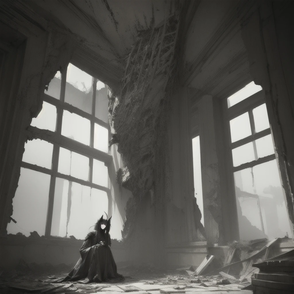 a demonic girl, horror, broken architecture, ruins, gray, indoor, closeup, cinematic lighting, dramatic pose, dark shadows, detailed face, piercing eyes, sharp fangs, horns, ragged clothing, tattered wings, decaying environment, crumbling walls, (best quality,4k,8k,highres,masterpiece:1.2),ultra-detailed,(realistic,photorealistic,photo-realistic:1.37),dark fantasy,moody atmosphere