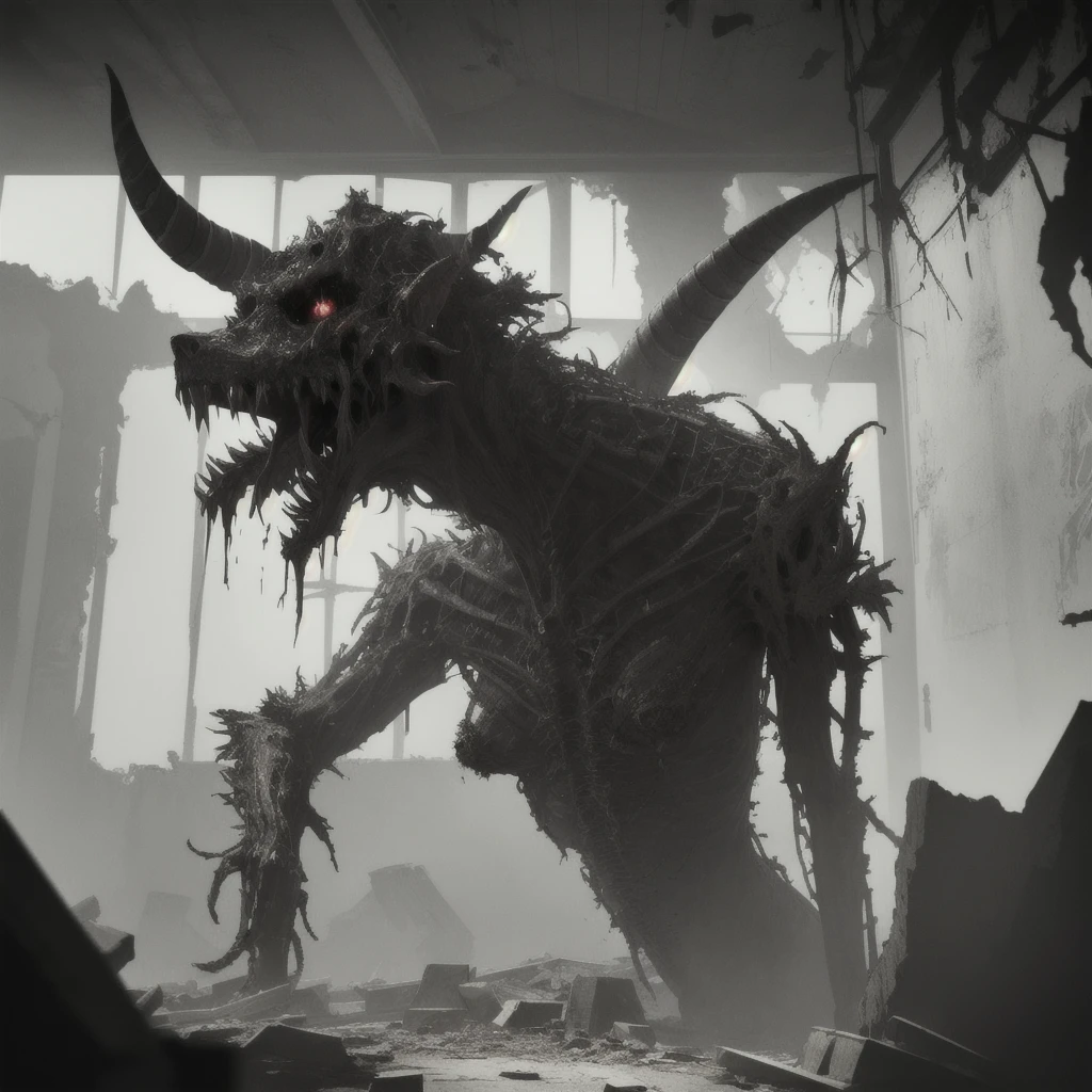 a demonic girl, horror, broken architecture, ruins, gray, indoor, closeup, cinematic lighting, dramatic pose, dark shadows, detailed face, piercing eyes, sharp fangs, horns, ragged clothing, tattered wings, decaying environment, crumbling walls, (best quality,4k,8k,highres,masterpiece:1.2),ultra-detailed,(realistic,photorealistic,photo-realistic:1.37),dark fantasy,moody atmosphere