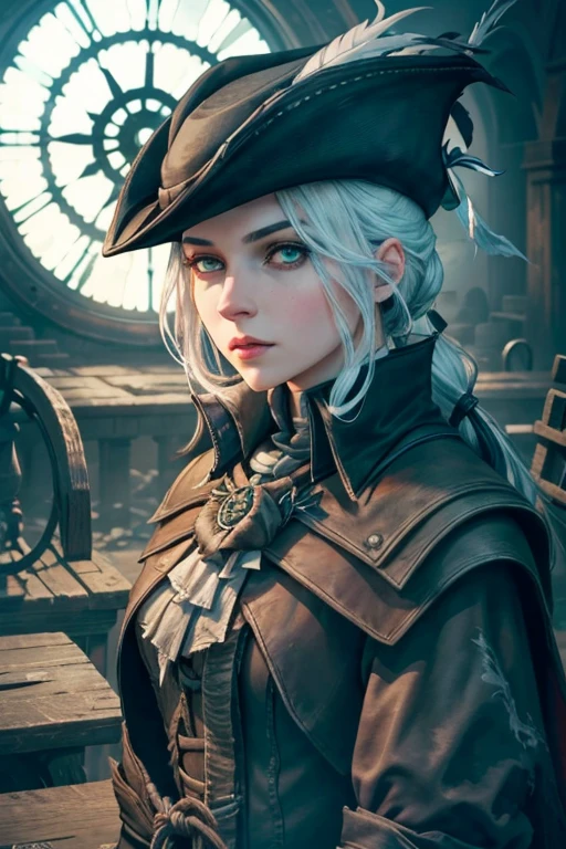 {{{masterpiece}}}, {{{best quality}}}, {{{ultra-detailed}}}, {cinematic lighting}, {illustration}, very detailed eyes, expressionless, 1girl, white_hair, green_eyes, hat_feather, boots, gloves, tricone, ponytail, lady maria of the astral clocktower, bloodborne, blood, {Portrait}, looking at viewer, Giant clock in the background