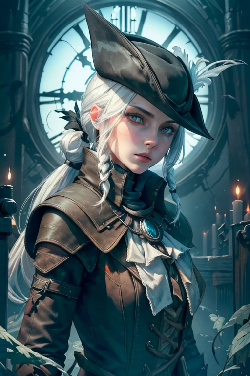 {{{masterpiece}}}, {{{best quality}}}, {{{ultra-detailed}}}, {cinematic lighting}, {illustration}, very detailed eyes, expressionless, 1girl, white_hair, green_eyes, hat_feather, boots, gloves, tricone, ponytail, lady maria of the astral clocktower, bloodborne, blood, {Portrait}, looking at viewer, Giant clock in the background