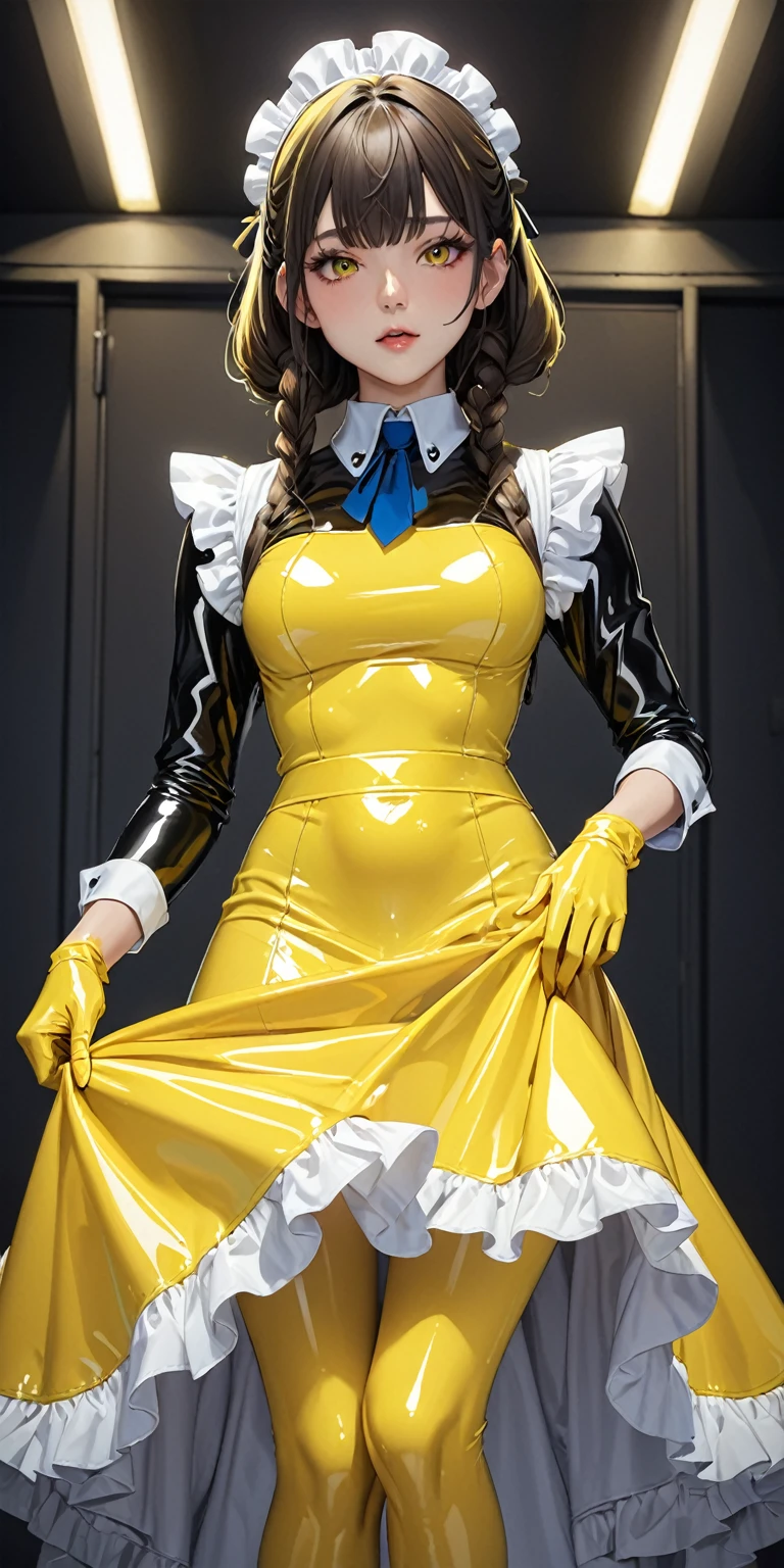 Portraiture、(masterpiece,Highest quality,Ultra-high resolution),Japanese women, (((Very beautiful 25 year old girl))),(Bright yellow latex maid outfit)、((Bright yellow latex long skirt))、(Long sleeve bright yellow latex shirt)、Bright yellow latex gloves、Bright yellow latex socks、Bright yellow latex bodysuit、Frills、The clothes fit snugly to the body、Latex is very shiny、Dark Room、