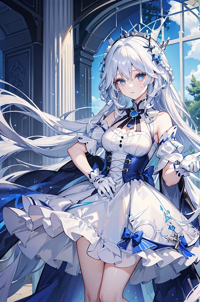 A woman with white hair and blue eyes、adult、Long, fluffy wavy hair、Braiding、Wearing hair ornaments、Princess、White gloves、blue and white lace dress、The length of the dress is short in the middle and long at the back、Knee-high socks、Putting index finger on lips、Fantasy