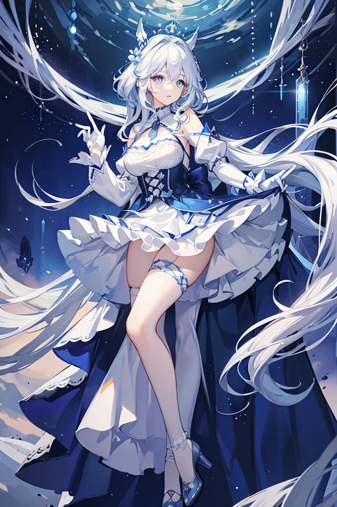 A woman with white hair and blue eyes、adult、Long, fluffy wavy hair、Braiding、Wearing hair ornaments、Princess、White gloves、blue and white lace dress、The length of the dress is short in the middle and long at the back、Knee-high socks、Putting index finger on lips、Fantasy