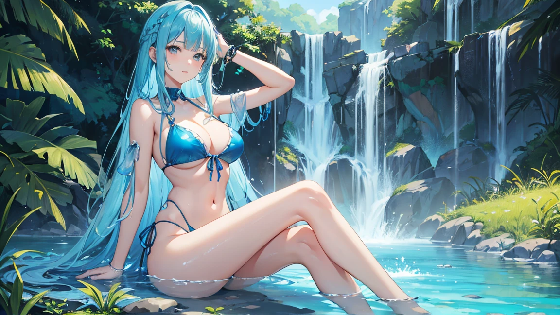Blue translucent slime girl, Big Breasts, Orange bikini swimsuit, Calm expression, sitting on the ground, Hands in hair pose, A grassland like a Windows wallpaper, blue hair, blunt bangs, long hair, anime style, UHD, masterpiece, accurate, anatomically correct, super detail, best quality, highres, 4K
