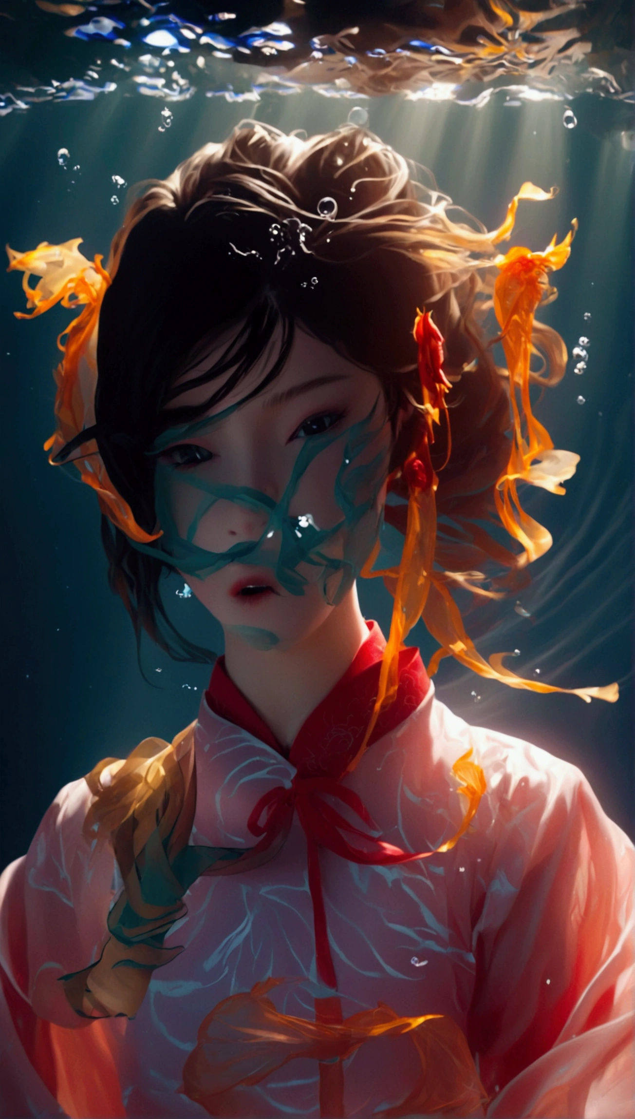 1. Little Girl, Solitary, Under the Deep Sea, walking underwater；Wearing pink Chinese clothing，Fairy the same，underwater dance；dancer；Golden water，金色的bubble； Deep Shadows, Extraordinary details, bubble, spark, Sun streaks, seabed, bright, whole body, swirl, Golden Light, Embed:Average runoff, masterpiece, high quality, 4K，More white space。