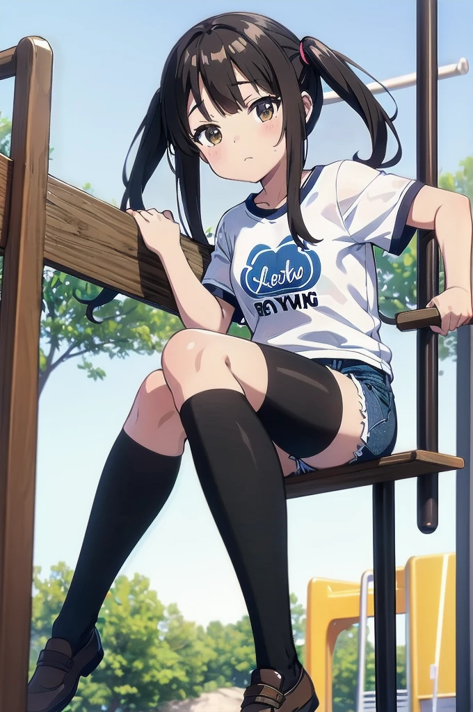 Highest quality, 8k, Junior high school girl, long brown hair, small Breasts, Horizontal bar, Forward upward circling, Lift your legs, Horizontal bar にぶら下がる, T-Shirts, Denim shorts, black knee high stockings, playground