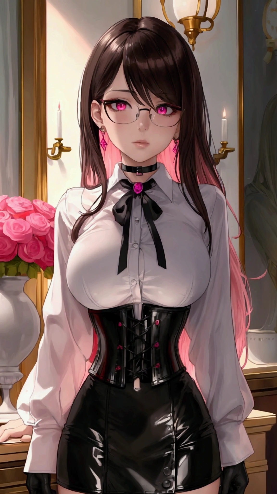 Masterpiece, Beautiful art, professional artist, 8k, Very detailed face, Detailed clothing, detailed fabric, 1 girl, whole body, View from the front, distant view, standing, pose sexy, BIG BREASTS, whole body perfectamente dibujado, shy expression, pale skin, beautiful face, long dark brown hair, 4k eyes, very detailed eyes, Crimson eyes, pink cheeks, glasses, choker:1.6, (white long sleeve button down shirt with white collar), black gloves, gloves that cover hands, (black leather corset). (shiny black tight mini skirt), Sensual Lips, show details in the eyes, Elegant living room, At night
