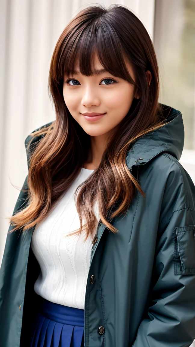(masterpiece:1.2, best quality), (real picture, intricate details), 1lady, solo, upper body, casual, long hair, minimal makeup, natural fabrics, close-up face, smile, home, long light platinum blonde hair, bangs, wavy hair, voluminous hair, green eyes, big breasts, cold clothing, cute clothes, pleated skirt, black skirt, beautiful clothing, blue parkas, blue coat, coat with fur, blue coat white fur, bangs on forehead, Korean bangs, cute bangs. risbeauty asia,