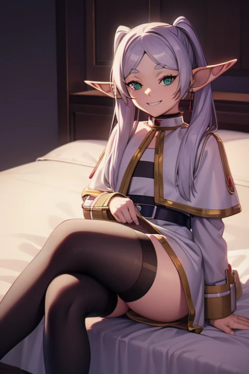 Cross-legged on the bed, with transparent white shirt, mischievous grin , elf ears , blackstockings