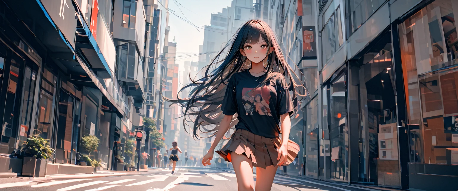 One Girl, Black and long straight hair, Sharp Hair, Facial Contour, Remember, skirt,T-Shirts,skirt, In the city, On the sidewalk, noon, bright, High resolution, Very delicate, Very detailed, 8K,in the forest、running、One Girl