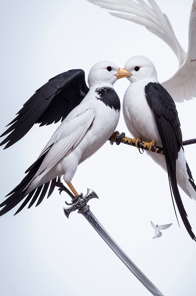 Symbol of a sword next to a white heart, on a white background, with birds around