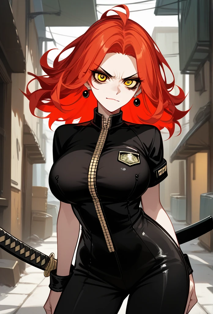 masterpiece, best quality, mature woman, mature face, trimmed hairstyle, red hair, mature face, hot face, sharp eyes, big breasts, voluptuous body, golden eyes, gangster outfit, looking at viewer, tough appearance, alley, (looking serious), lunatic face, lunatic smile, (glaring eyes, piercing eyes), lunatic expression, (holding katana)