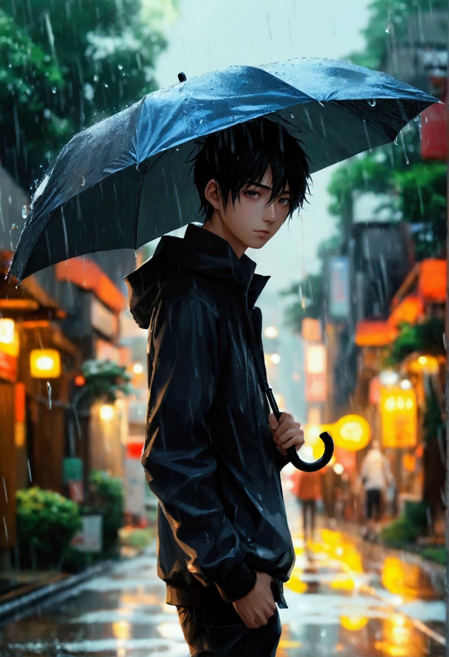  (masterpiece, 8K, Absurd, Digital Art, Digital Illustration, Realistic, Very detailed, Realistic lighting), (Perfect Face, Perfect Eyes, Perfect body), male,1 person, 20代の若いネクロマンサーのmale,Walking in the rain, Use an umbrella, noon, Road with puddles, Eye height, Soft rain light, Thoughtful character expression, Smooth and moist, Melancholic and thoughtful, Anime Style, Fascinating anime, Pixiv Fan Art, Attention to detail; masterpiece;