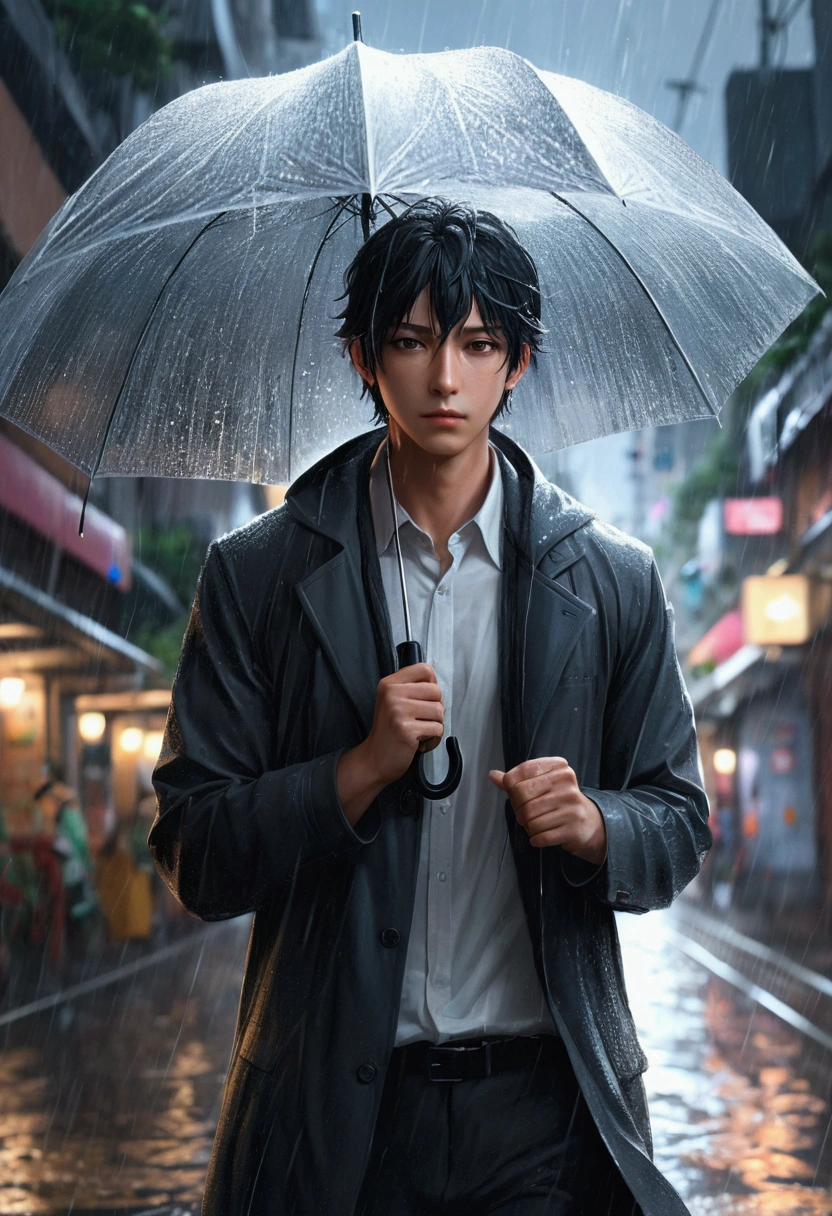  (masterpiece, 8K, Absurd, Digital Art, Digital Illustration, Realistic, Very detailed, Realistic lighting), (Perfect Face, Perfect Eyes, Perfect body), male,1 person, 20代の若いネクロマンサーのmale,Walking in the rain, Use an umbrella, noon, Road with puddles, Eye height, Soft rain light, Thoughtful character expression, Smooth and moist, Melancholic and thoughtful, Anime Style, Fascinating anime, Pixiv Fan Art, Attention to detail; masterpiece;