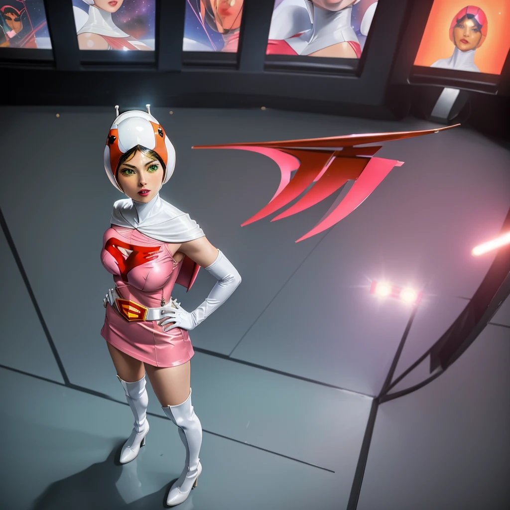 ANI_CLASSIC_jun_gatchaman_ownwaifu,1girl, ,good anatomy, masterpiece, best quality,realistic, hyperrealistic, 16k hdr,breasts,green eyes,lips,large breasts,lipstick,makeup,gloves,cape,helmet,belt,elbow gloves,white gloves,mask,ultra miniskirt,leotard,spacesuit,white tight overknee highheels boots,pink dress,superhero,bodysuit,cleavage,erected nipples,((stand pose,hands on hip,view from below)),cameltoe