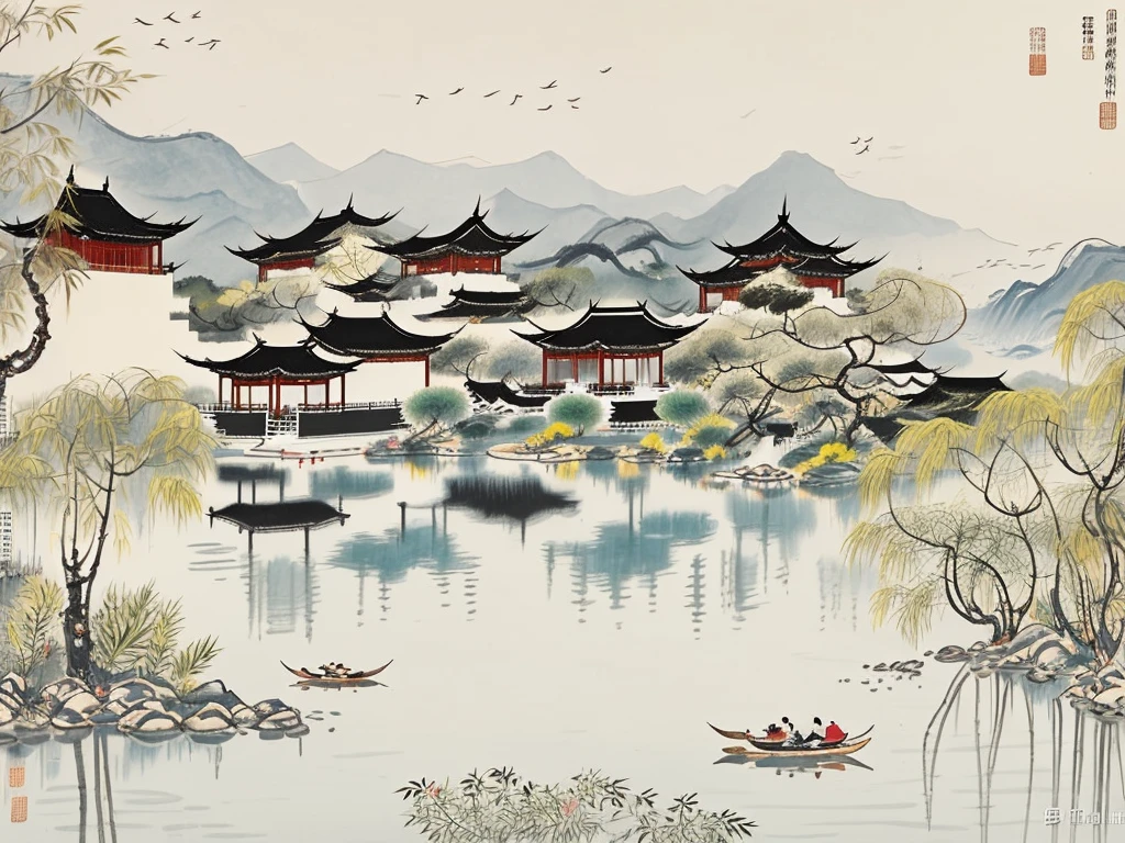 Pavilion by the water，Rich in artistic conception，Ink Painting，Chinese painting，Chinese pavilion，willow，Quiet，The plants are dense