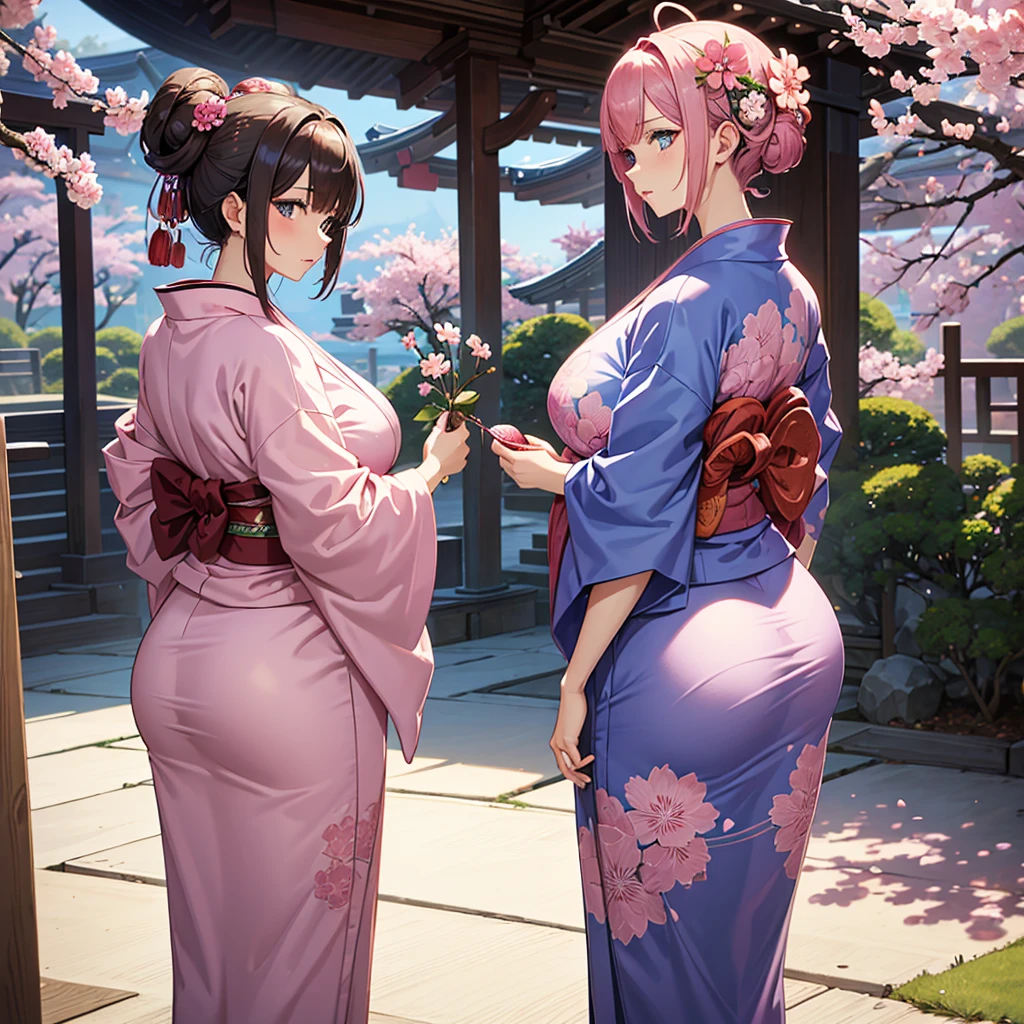Female, Asymmetrical Hairstyles, Stylish hairstyle, Pink and々Hair color, hair ornaments, blue eyes, Dark brown skin, Large Breasts, Big Ass, Wide hips, She is wearing a pink yukata with a floral pattern, Pink theme, Japanese atmosphere, Japanese garden, cherry blossoms, cherry blossoms木