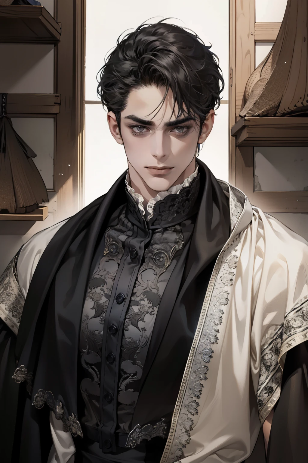 (masterpiece, Best quality:1.2), (absurd resolution, A high resolution, ultra detailed), 1 man, Middle Ages, adult, Beautiful, tall muscular guy, broad shoulders, black hair, finely detailed gray eyes, portrait, Looking at the viewer, One, half shot, detailed background, detailed face, (Gothic), grin, serious face, arrogance high fantasy,, secrecy, under cover, (Drawers in the background), shadows, (Dutch corner), closed mouth, duke