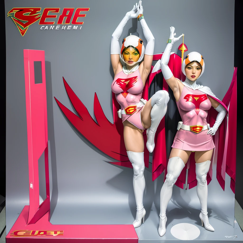 ANI_CLASSIC_jun_gatchaman_ownwaifu,1girl, ,good anatomy, masterpiece, best quality,realistic, hyperrealistic, 16k hdr,breasts,green eyes,lips,large breasts,lipstick,makeup,gloves,cape,helmet,belt,elbow gloves,white gloves,mask,ultra miniskirt,leotard,spacesuit,white tight overknee highheels boots,pink dress,superhero,bodysuit,cleavage,erected nipples,((standing pose,spread legs, arms up straight)),cameltoe