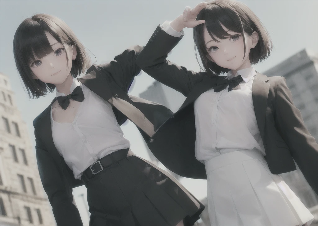 (masterpiece, best quality,extreme detAIled beautiful Eye),High Saturation， Optimal lighting, Perfect lighting,Look at the audience, (1 girl, Solitary,sky, City:1.3),NanasakiAI,Nanasaki_AI,
(whole body,Dynamic Angle,Dynamic poses,Smile,shining_Eye:1.2),(long_sleeve,Black_jacket,jacket,School_,Gibito_High target_School_:1.2),
(short_hAIr,Large target_breast,clavicle:1.2),Black_bow tie,Blackskirt,Wrinkles_skirt,White_shirt