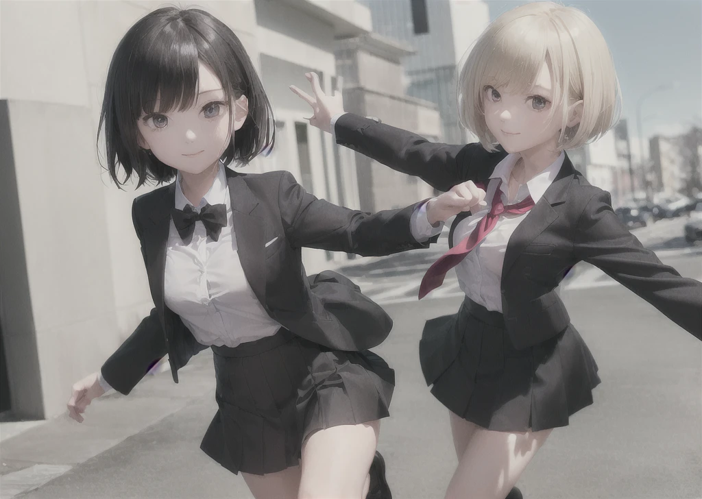 (masterpiece, best quality,extreme detAIled beautiful Eye),High Saturation, Optimal lighting, Perfect lighting,Look at the audience, (1 girl, Solitary,sky, City:1.3),NanasakiAI,Nanasaki_AI,
(whole body,Dynamic Angle,Dynamic poses,Smile,shining_Eye:1.2),(long_sleeve,Black_jacket,jacket,School_,Gibito_High target_School_:1.2),
(short_hAIr,Large target_breast,clavicle:1.2),Black_bow tie,Blackskirt,Wrinkles_skirt,White_shirt
