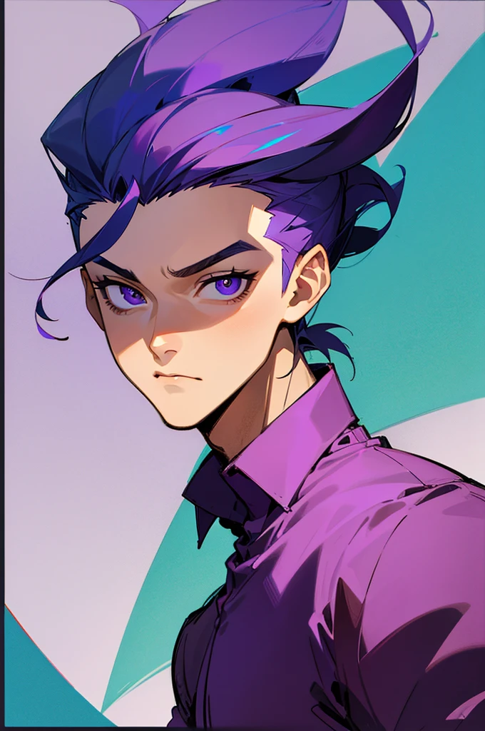 Develop a drawing in the style of Turma da Mônica, characterized by the design . The drawing must portray a young male ALPHA MALE. He is wearing a purple shirt and has purple pupils. Her hair is brown. Use shading to add depth and texture to the scene, emphasizing the emotional gravity of the moment.