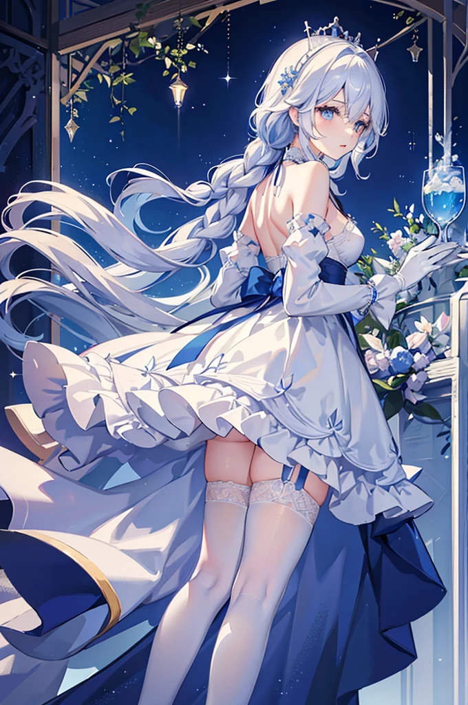 A woman with white hair and blue eyes、adult、Long, fluffy wavy hair、Braiding、Wearing hair ornaments、Princess、White gloves、blue and white lace dress、The length of the dress is short in the middle and long at the back、garter belt、Knee-high socks、Putting index finger on lips、Fantasy