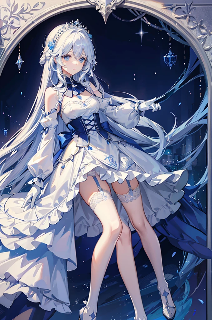 A woman with white hair and blue eyes、adult、Long, fluffy wavy hair、Braiding、Wearing hair ornaments、Princess、White gloves、blue and white lace dress、The length of the dress is short in the middle and long at the back、garter belt、Knee-high socks、Putting index finger on lips、Fantasy