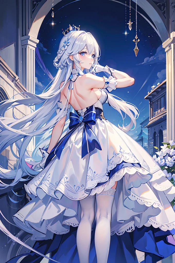 A woman with white hair and blue eyes、adult、Long, fluffy wavy hair、Braiding、Wearing hair ornaments、Princess、White gloves、blue and white lace dress、The length of the dress is short in the middle and long at the back、garter belt、Knee-high socks、Putting index finger on lips、Fantasy