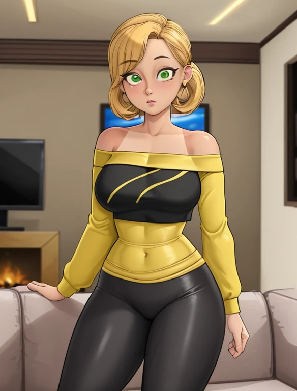 (best quality:1.3), (4K quality),masterpiece, best quality, high res, detailed, (Detailed face:1.2), (Detailed eyes:1.2), (Hourglass figure:1.2), CARTOON, ANIME, CARTOON ARTSTYLE, 1girl, solo, 36-years-old, tan olive skin, short blonde hair, pony tail style, green eyes, approximately 5'2" tall, ((Wearing a yellow off-shoulder top and shiny black leggings)), standing in the middle of the living room, couch, TV, carpet, relaxed atmosphere, cinematic lighting, detailed background,
